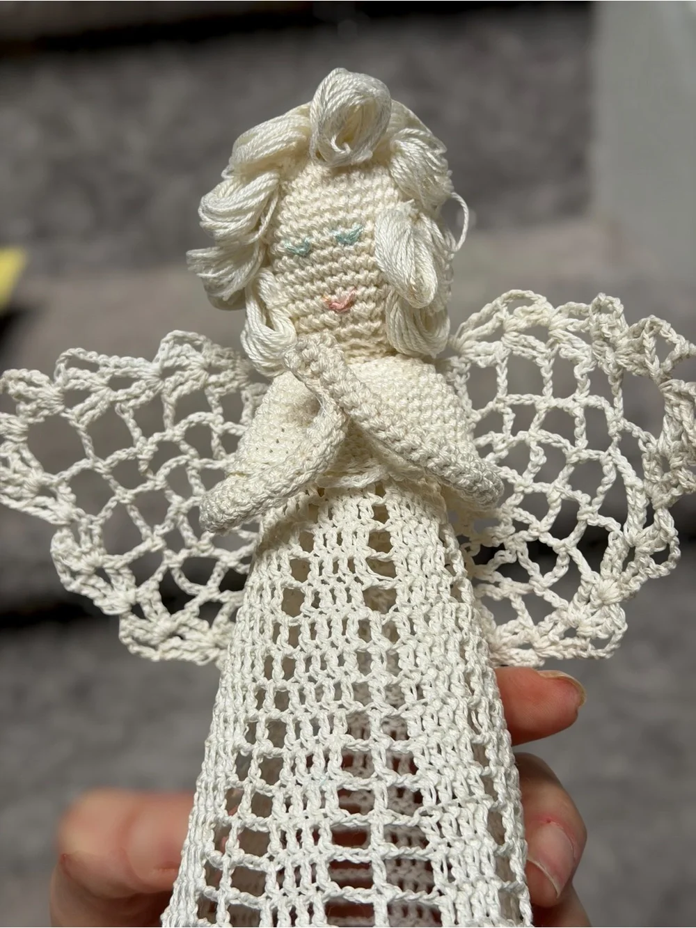 Handmade Crochet Angel Christmas Tree Topper Lace Praying Angel Holiday Decor